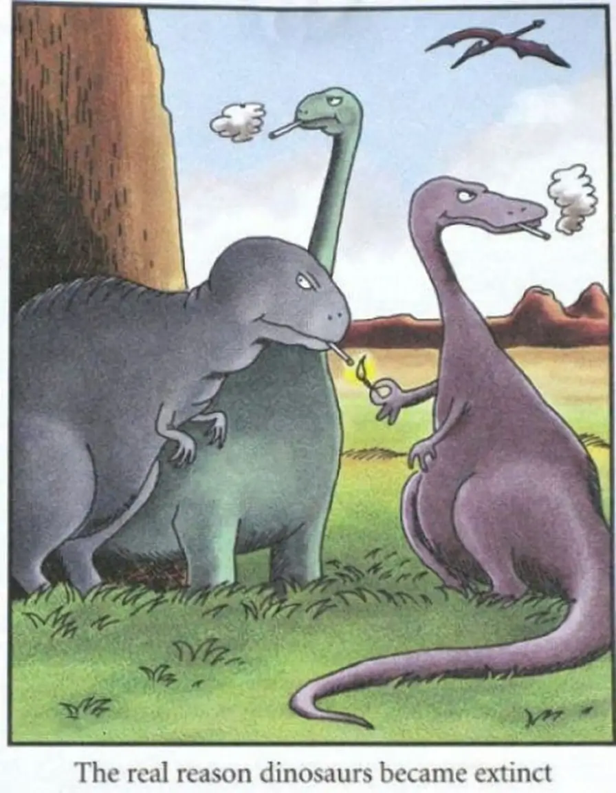 Dinosaur Smoking Extinction Comic A Far Side style comic showing three dinosaurs smoking cigarettes with one lighting another's cigarette with a match