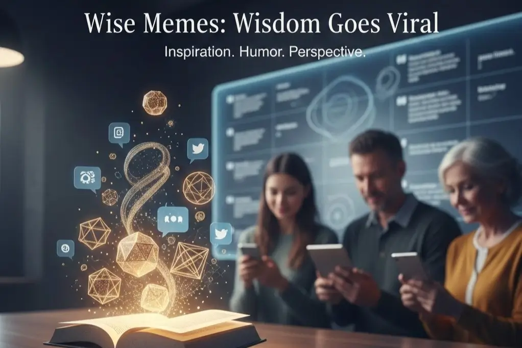 A conceptual brand image for Wise Memes showing people engaging with digital wisdom emerging from a glowing book.