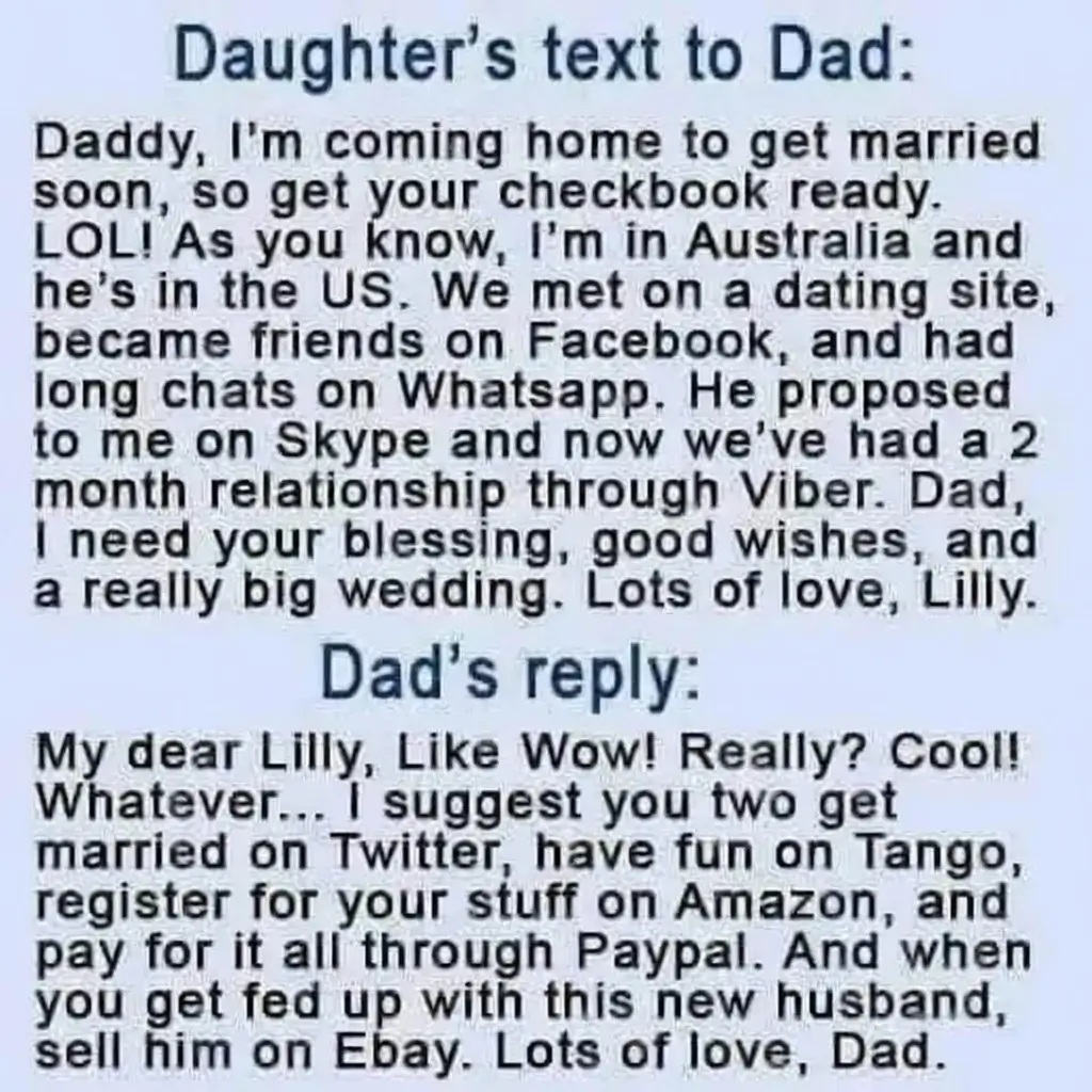 A humorous text exchange between a daughter asking for a big wedding for a digital relationship and a father giving a sarcastic response