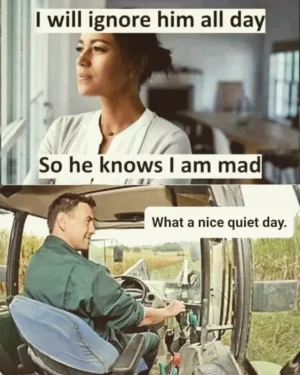 A funny two-panel relationship meme where a woman decides to give her partner the silent treatment while the man happily drives a tractor enjoying his nice quiet day.