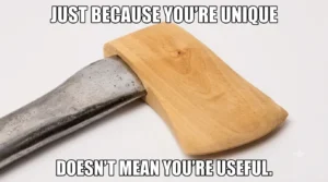 A wise quote showing a non-functional axe with a wooden head and metal handle, reading: "JUST BECAUSE YOU'RE UNIQUE DOESNT MEAN YOU'RE USEFUL."